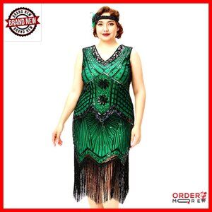 Plus Size Flapper Dress V Neck Beaded Fringe Gatsby 1920s Party